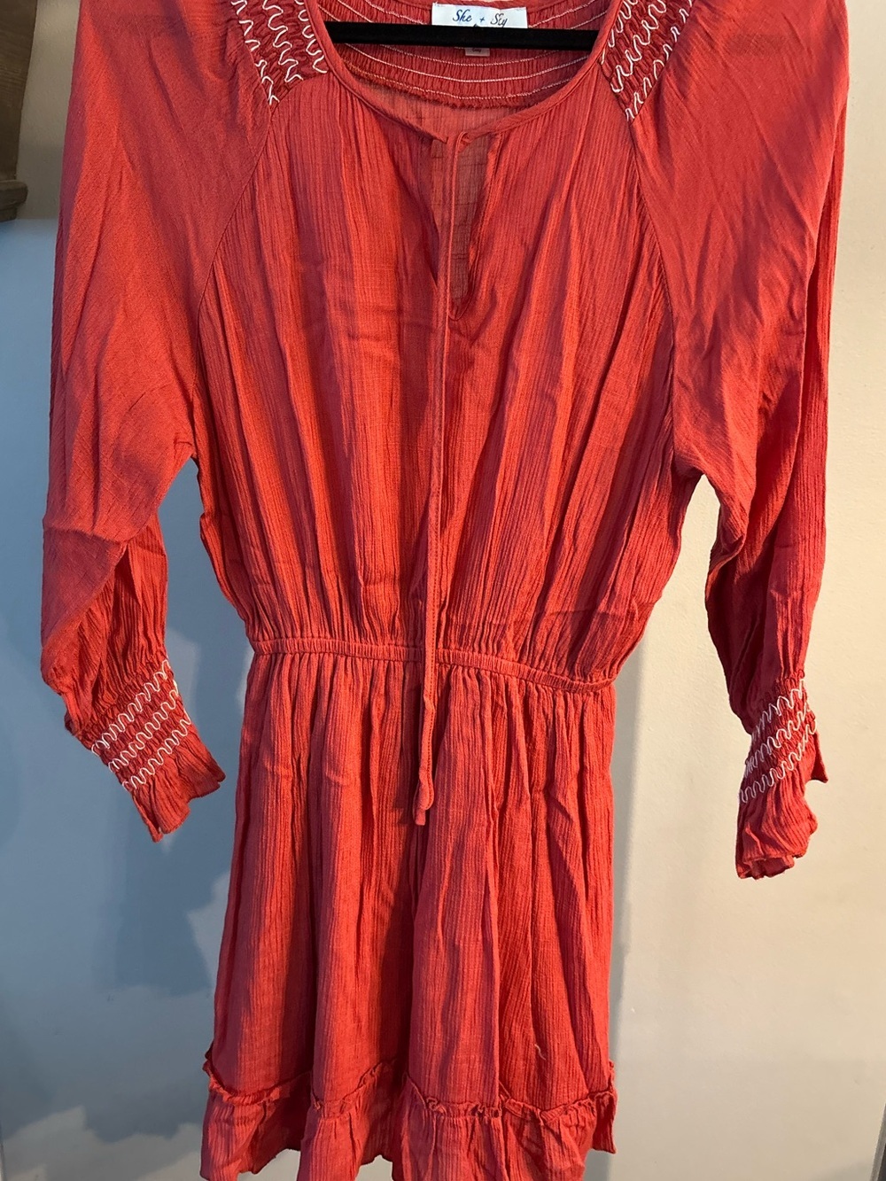 She + Sky Red/rust Mini long sleeve Dress with Tie Waist size small